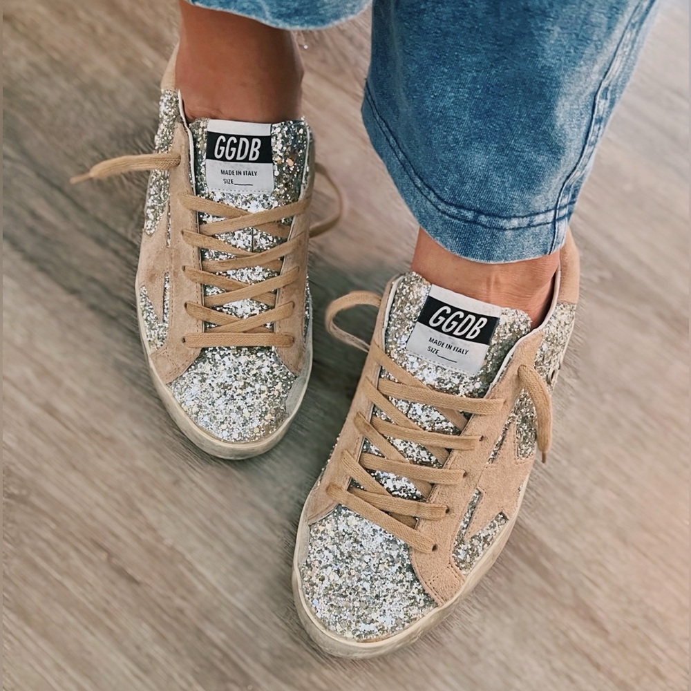Golden Goose Beige and Silver Glitter Sneakers